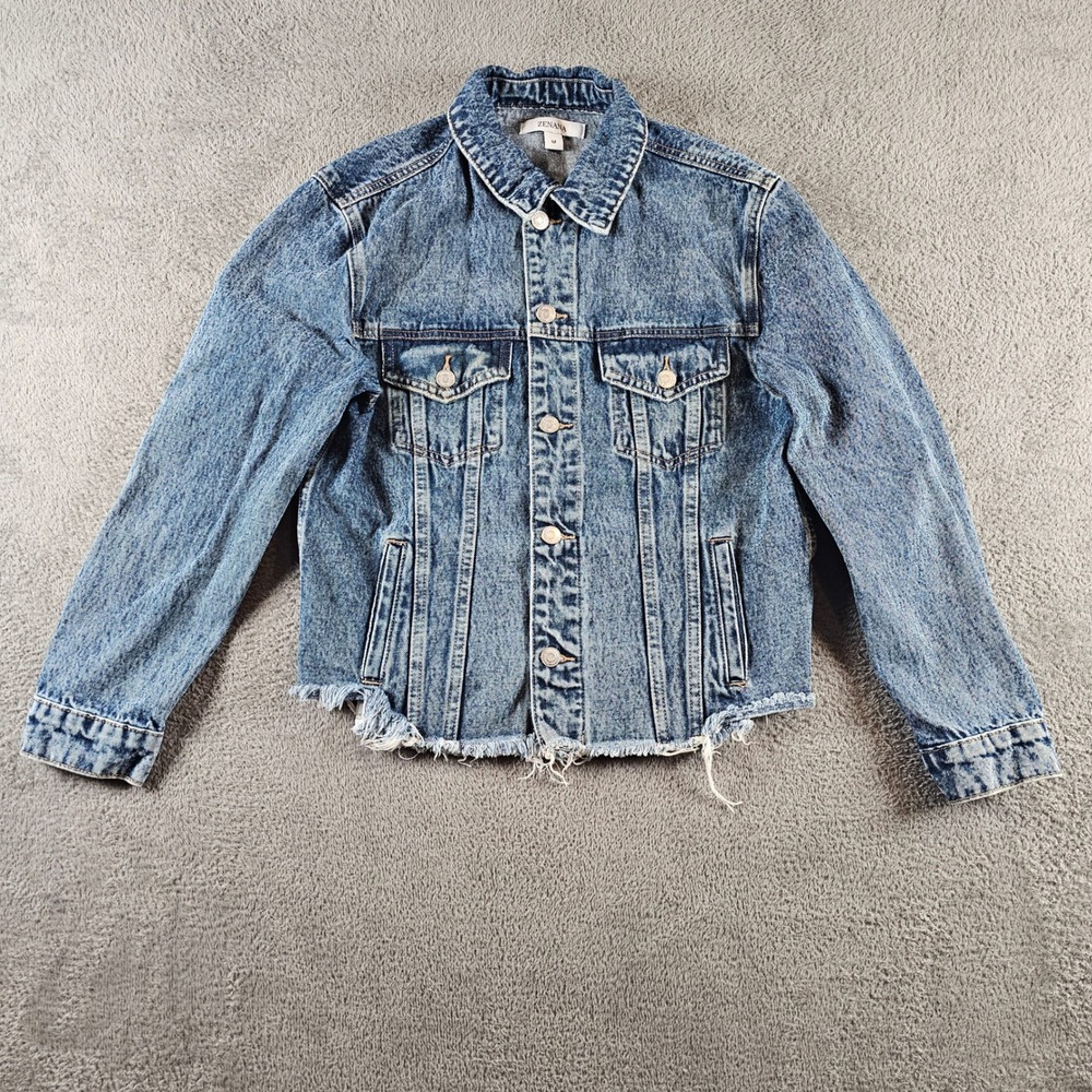 Zenana‎ Women Acid Wash Denim Trucker Jacket Raw Hem Blue Medium